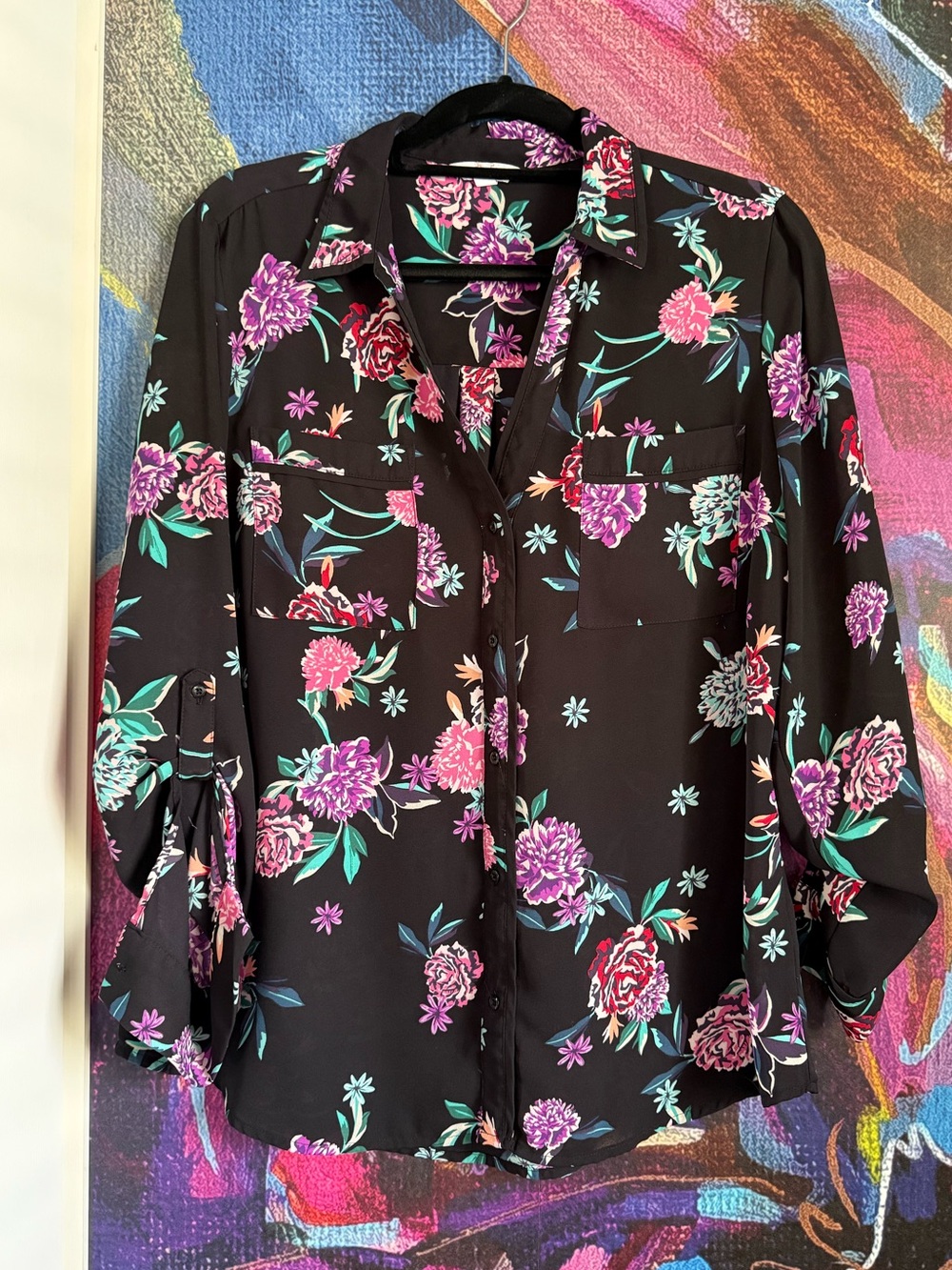 Candie’s Women’s Floral Button-Front Blouse - Black with Pastel Flowers